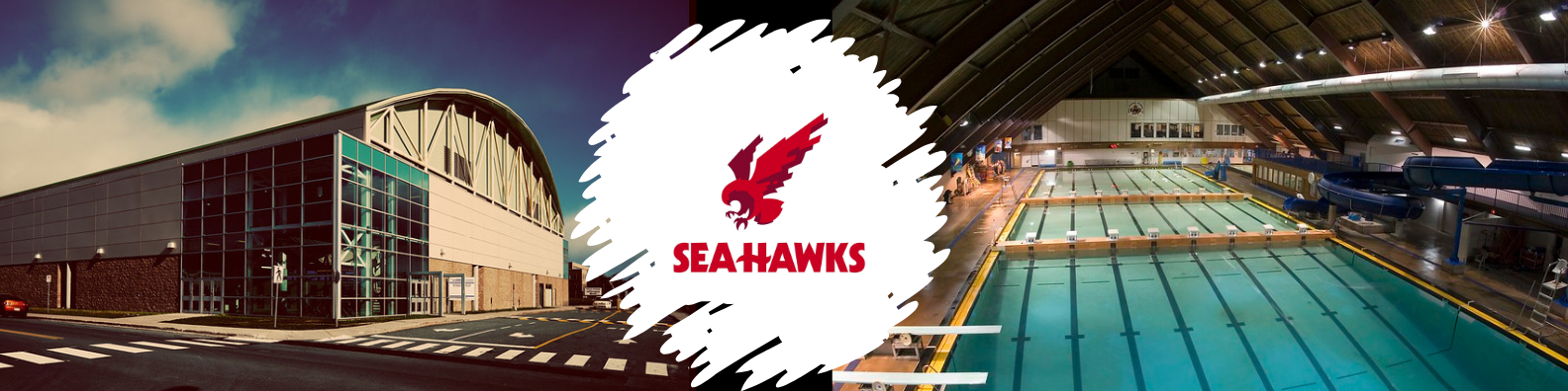 Photos of Memorial Canada Games sporting venues: (L-R) exterior of Field House, Sea-Hawks logo and interior of aquarena pool.